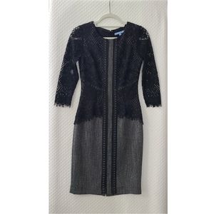 Antonio Melani grey black tweed overlay black floral pattern lace dress